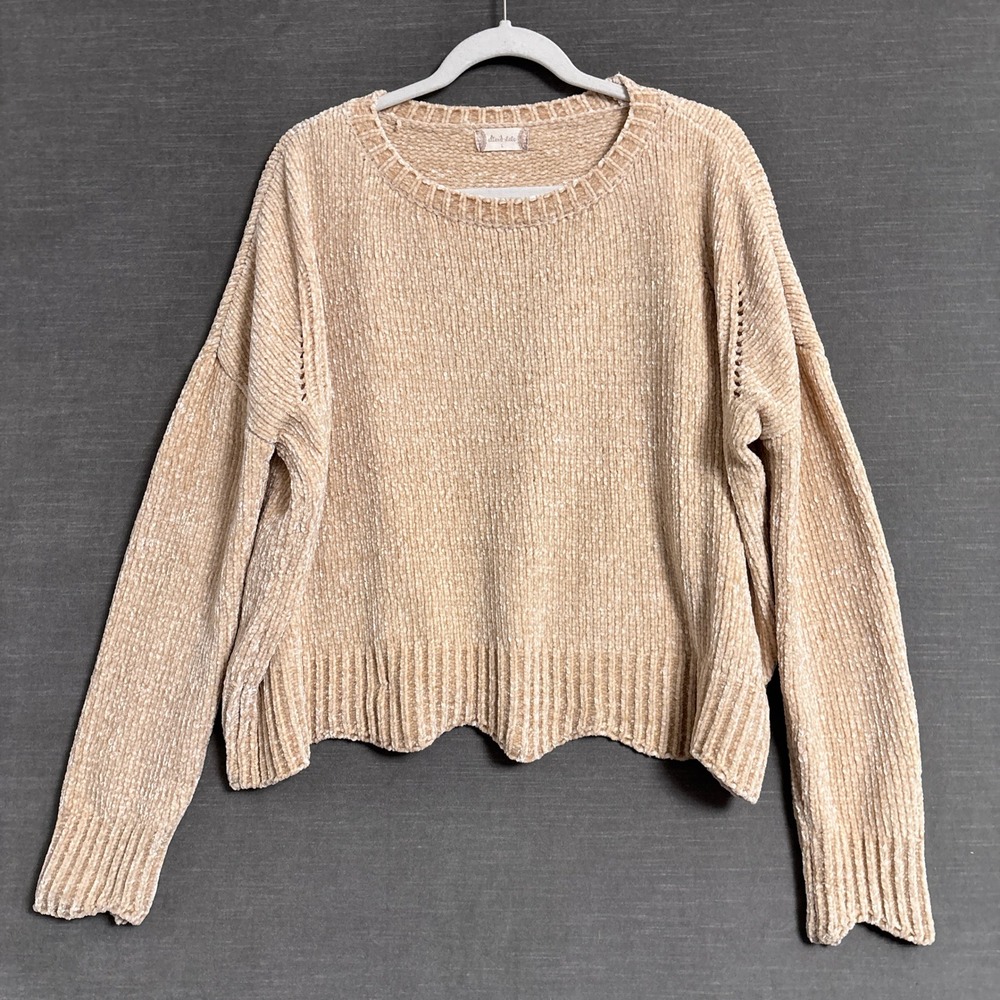 Altard State Sweater L Beige Chenille Scalloped Boho Relaxed Pullover Fall Cozy